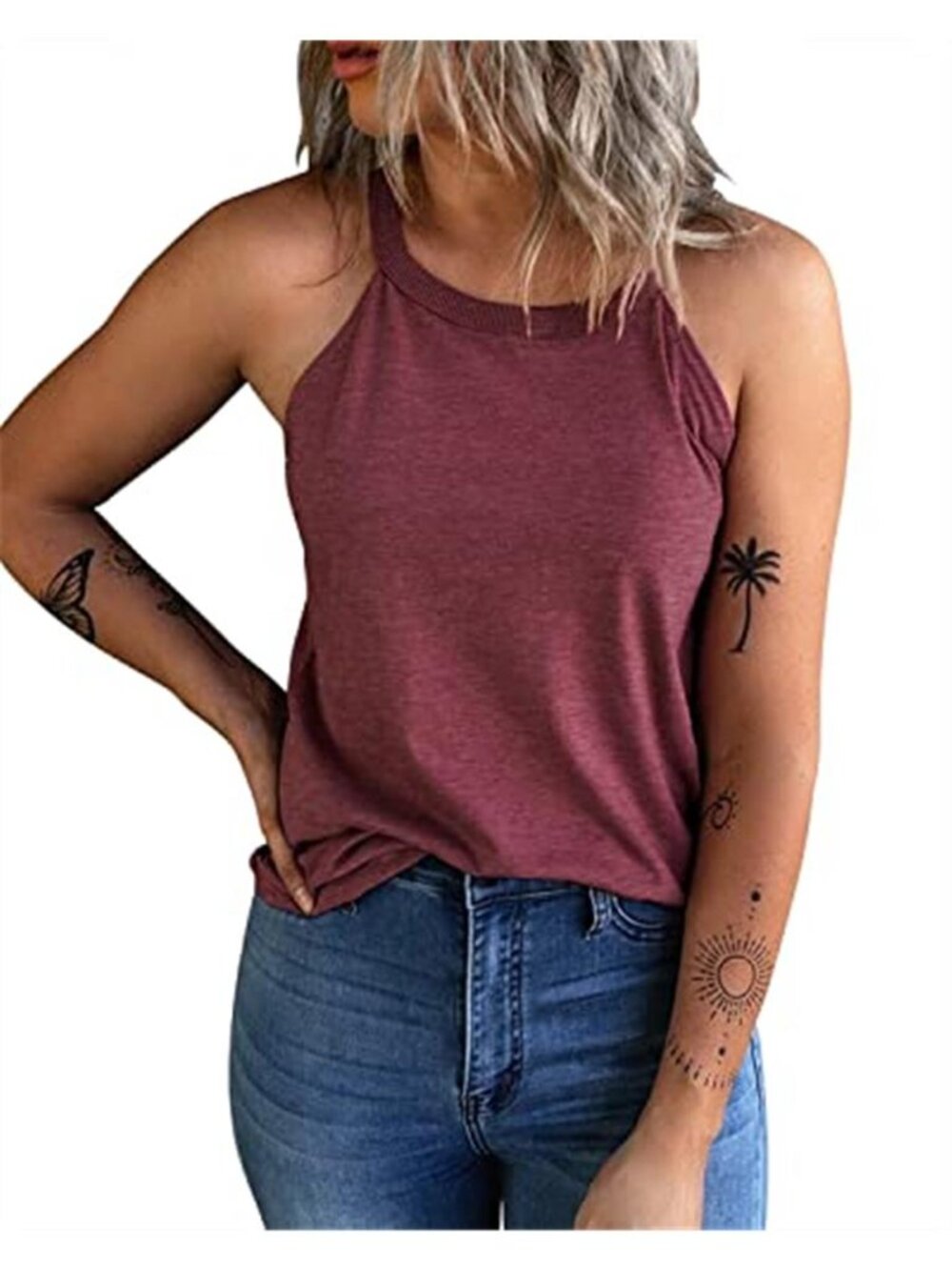 Women Halter Tank Top Sleeveless Crew Neck Cami Shirt Burgundy Summer Workout